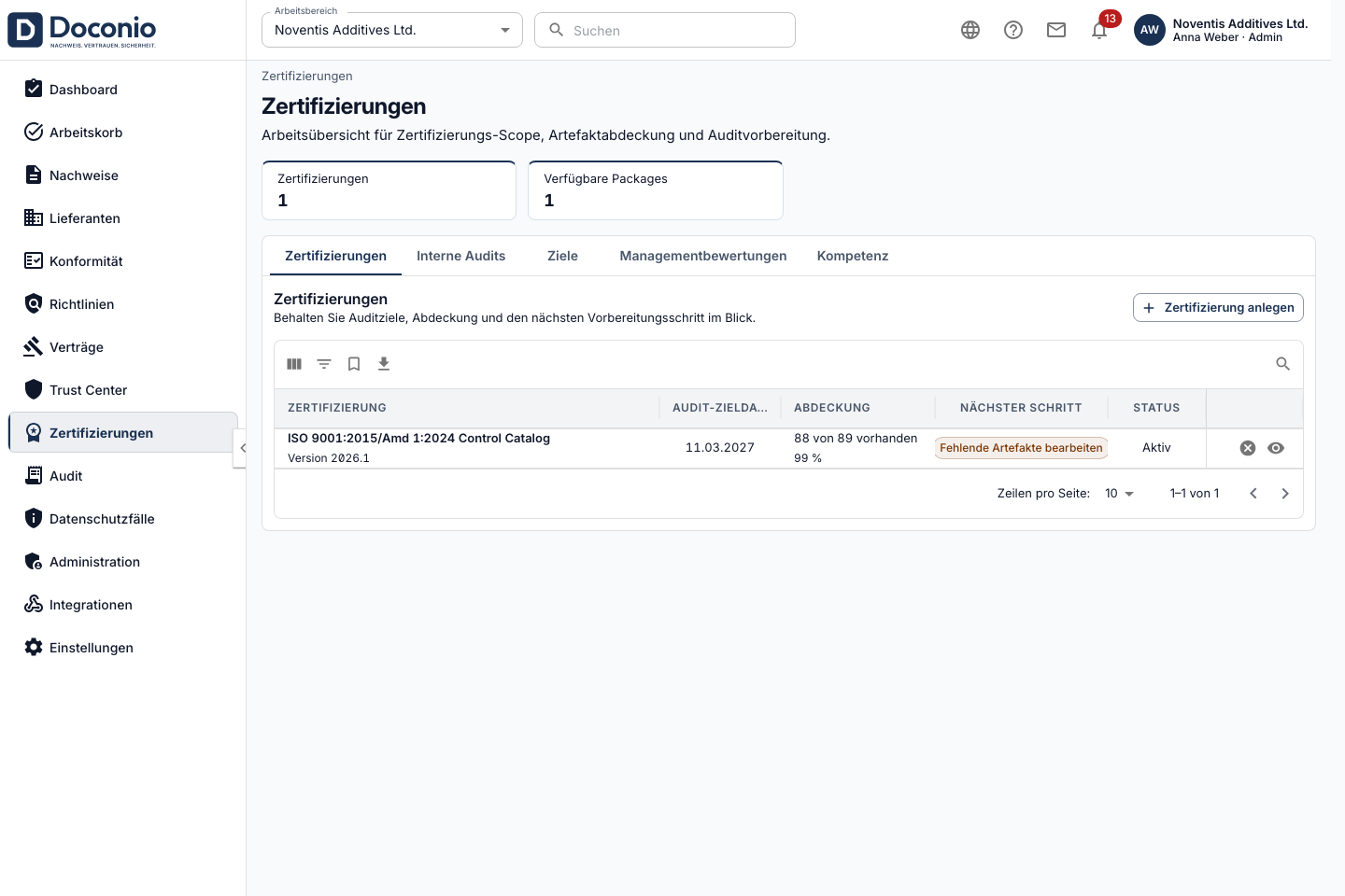 Doconio Zertifizierungen in der Produktansicht