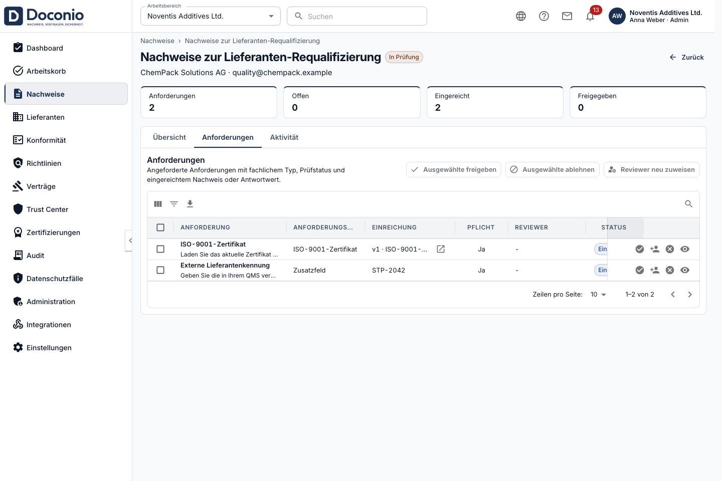 Doconio-Nachweisanfrage mit eingereichtem Lieferantennachweis und strukturierter Antwort