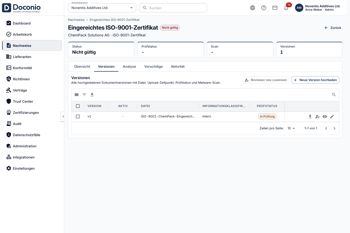 Doconio-Dokumentversion mit einem eingereichten ISO-9001-Zertifikat vor der Prüfung