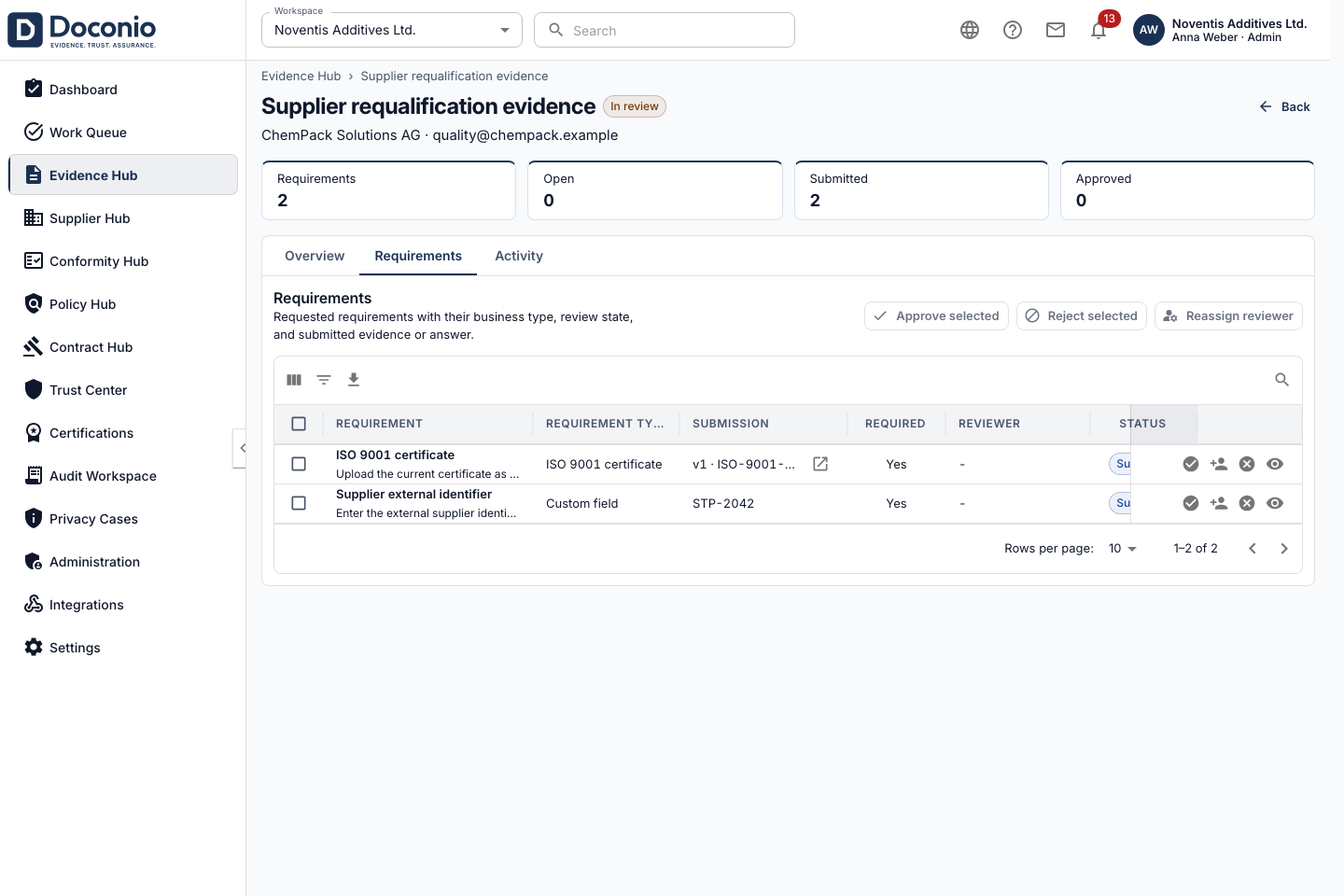 Doconio evidence request with submitted supplier evidence and a structured answer
