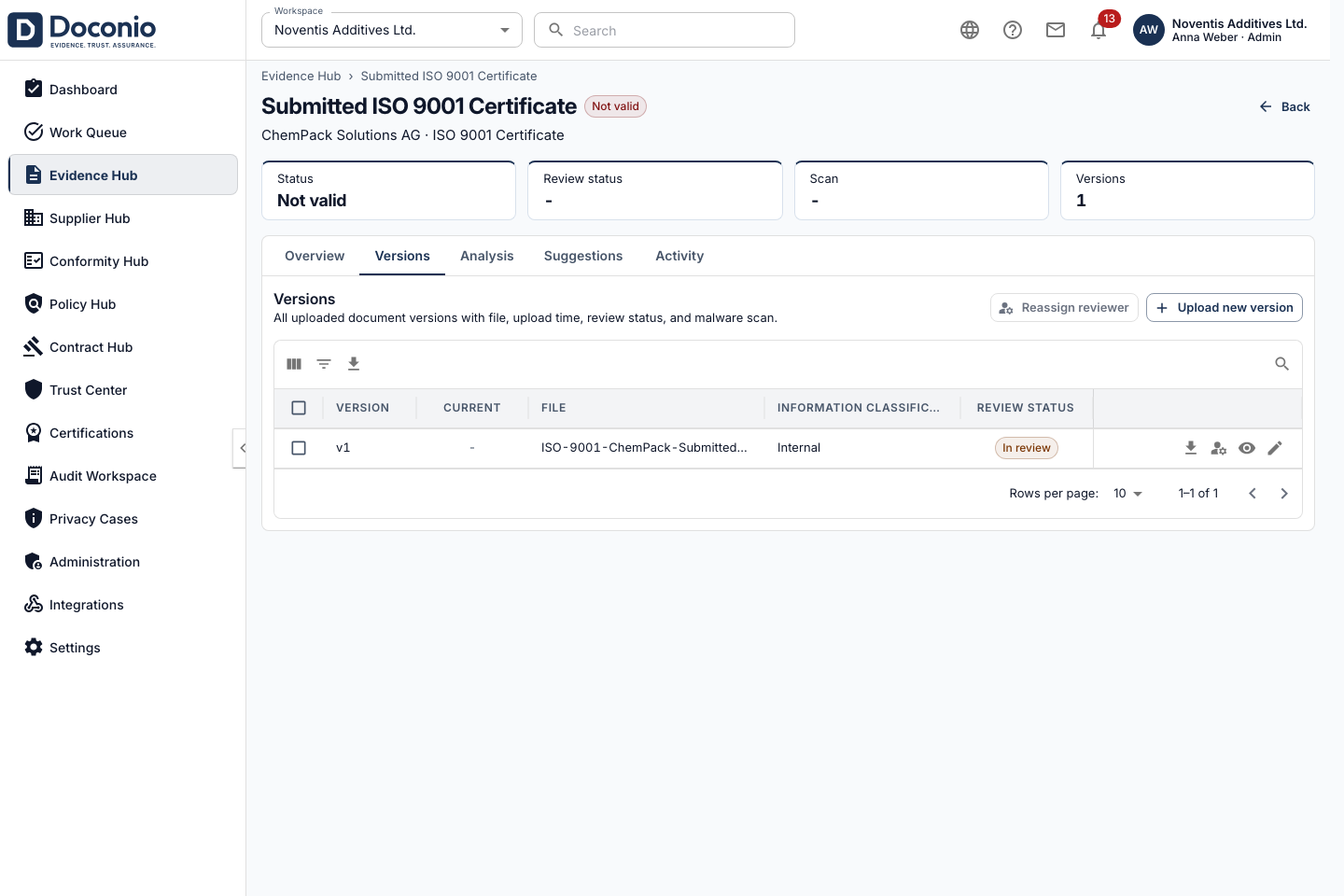 Doconio document version view showing a submitted ISO 9001 certificate awaiting review